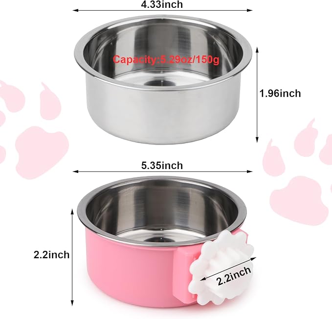 Hypeety Dog Crate Water Bowl No Spill Hanging Attachable Bowls for Kennel | Durable stainless steel, pet food dishes, with non-slip base, easy to clean, for small dogs/cats/rabbits/parrots, 2pcs, pink - Image 2