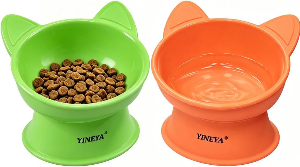 YINEYA Elevated Cat Bowls 2 Pcs, Cat Food Bowl to Protect Neck & Anti-Vomit, Whisker-Friendly Raised Food and Water Bowls Set for Indoor Cats/Small Dogs, Cute Pet Feeding Bowl 6 OZ Each, Orange&Green by YINEYA