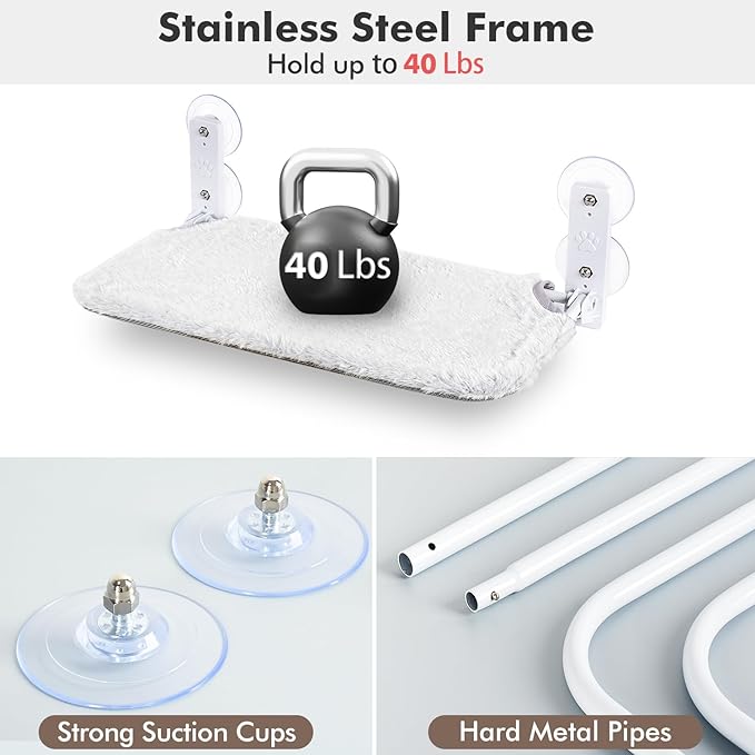 AMOSIJOY Cordless Cat Window Perch, Cat Hammock for Wall with 4 Suction Cups, Anchor&Screw for Two Ways of Installation, Solid Metal Frame and Reversible Cover, Foldable Cat Beds for Indoor Cats - Image 6