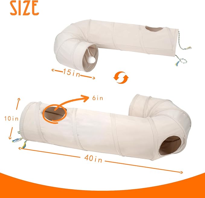 Cat Tunnel, 2-Way Collapsible Cat Tube with Interactive Peek-A-Boo Hole, Toy Ball, and Rope Ideal for Indoor Cats, Kittens, and Rabbits, Beige - Image 5