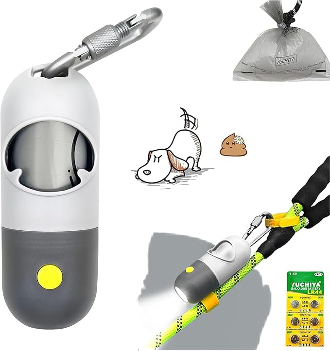 Dog Poop Bags Holder with LED Flashlight|Pet Waste Bags Dispenser for Leash|Doggie Potty Bags Container with Leak-proof Pet Trash Bags and Accessories (Light Gray, 1 Holder 15 Bags) by YUCHIYA