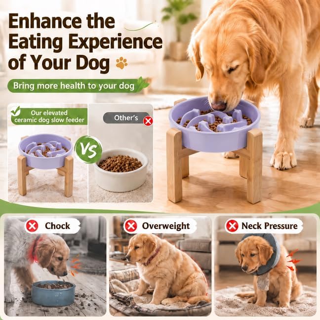 Elevated Ceramic Slow Feeder Dog Bowls Anti-Choking Slow Feeding for Medium& Large Anti-Slip Non-Lead & Toxic Durable Easy to Clean Maze Slow Feeder Bowl（8.66in Light Purple Stars Pattern） - Image 4
