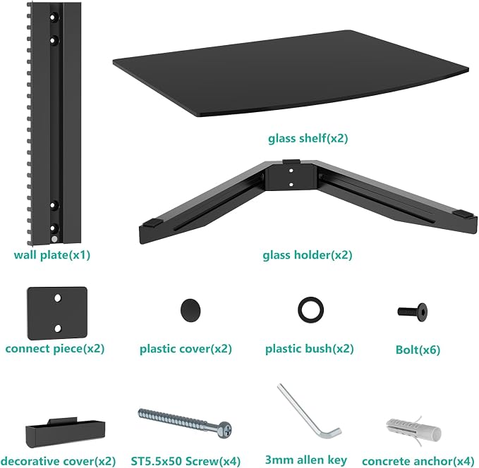 WALI Floating TV Shelf, 2 Tier Glass Projector Shelf for DVD Players, Routers, Game Consoles, Cable Boxes, Living Room Decor, Wall Mount Shelves Hold Up to 17.6lbs (CS202B), 2-Shelf, Black - Image 9