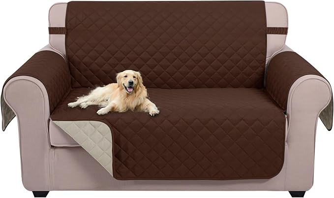 U-NICE HOME Loveseat Sofa Cover for 2 Cushion Couch, Brown/Beige | 54''Oversized Loveseat Cover Washable, Pet Friendly, Elastic Straps, Water Repellent, Furniture Protector for 2 Cushion by U-NICEHOME