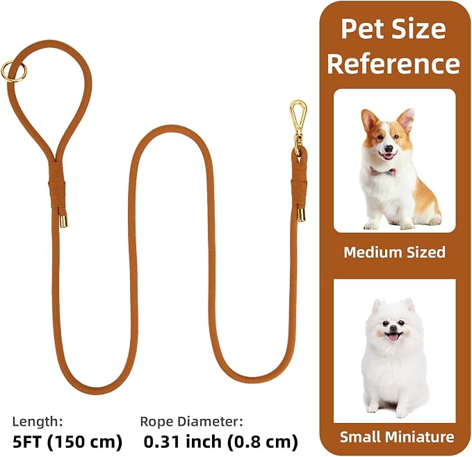 5FT Dog Leash 5/16 inch Puppy Cat Rope Lead | Carmel Brown, with Anti-tangle Swivel Clip, Comfortable Non-slip Grip Handle, Ideal for Daily Walks, for Small Medium Dogs - Image 2