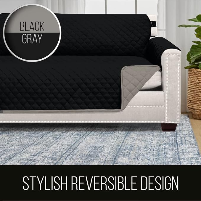 Sofa Shield® Couch Sofa Slip Cover for Dogs with Strap, Black Gray | Reversible Furniture Protector, Stain and Tear Resistant Cushion Cover, Machine Washable Slipcover for Pets, Cats 70 inch - Image 5