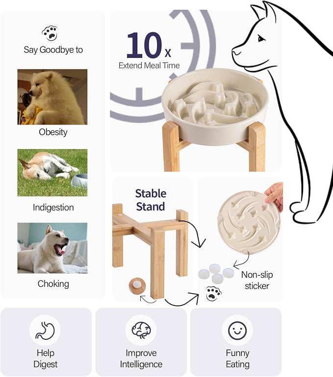8.26 in Milk White Dog Bowl Slow Feeder Ceramic for Medium and Large Breed,Elevated/Raised Slow Feeding Dog Food Water Dish Heavy Weighted,Puzzle Eating Bowl Modern Maze Meteor - Image 3