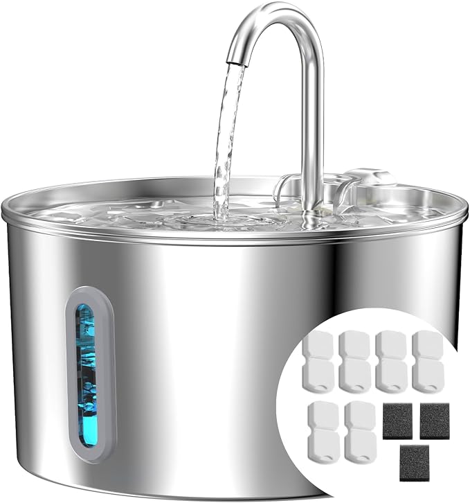 74oz Cat Water Fountain Stainless Steel for Drinking(6 Filters 3 Sponges) | 2.2L Pet Water Fountain for Cats Inside, Automatic Cat Water Dispenser Bowl, with Faucet Water Level Window, Ultra Quiet Pump by KOOGMOON