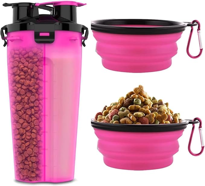 Dog Travel Water Bottle W/Collapsible Bowls - Portable 2 in 1 Leakproof Pet Water Bottle Food Container Ideal for Travel, Outdoor Portable Water Bowls for Walking, Camping & Hiking - (Pink) by TRAVELINGTOTS