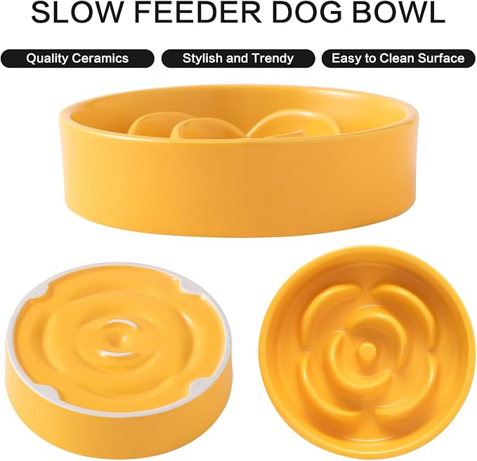 6'' Ceramic Slow Feeder Dog Bowls - Petal Shape Modern Dog Food Dish for Cats and Small Breed Dogs, Puzzle Maze Bowl to Slow Down Eating, Anti-Gulping, Dishwasher & Microwave Safe, Yellow - Image 2