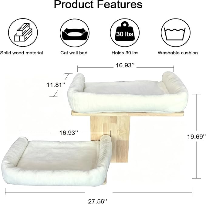 Cat Wall Shelves with Cat Bed 2 in 1 Furniture with Soft Cushion Perch & Pet Cooling Mat 2 Platform Climbing Wall Systems Tree Tower for Indoor Cats Rubber Wood Corner Floating Shelf - Image 6