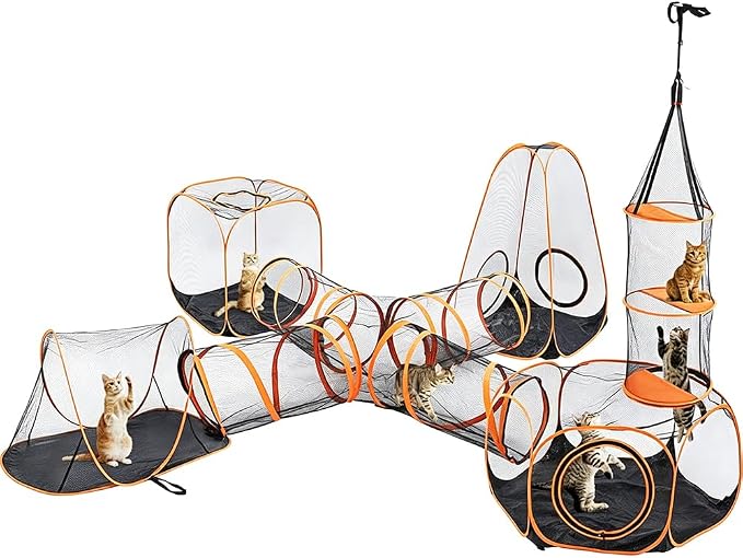 6-in-1 Modular Cat Playground with Hanging Climbing Tunnel,Large Cat House Condo & Enclosure for Multiple Cats,Portable Cat Activity Center with Cube Tents & Y-Tunnel for Cats,Rabbits & Small Animals by HI+SUYI