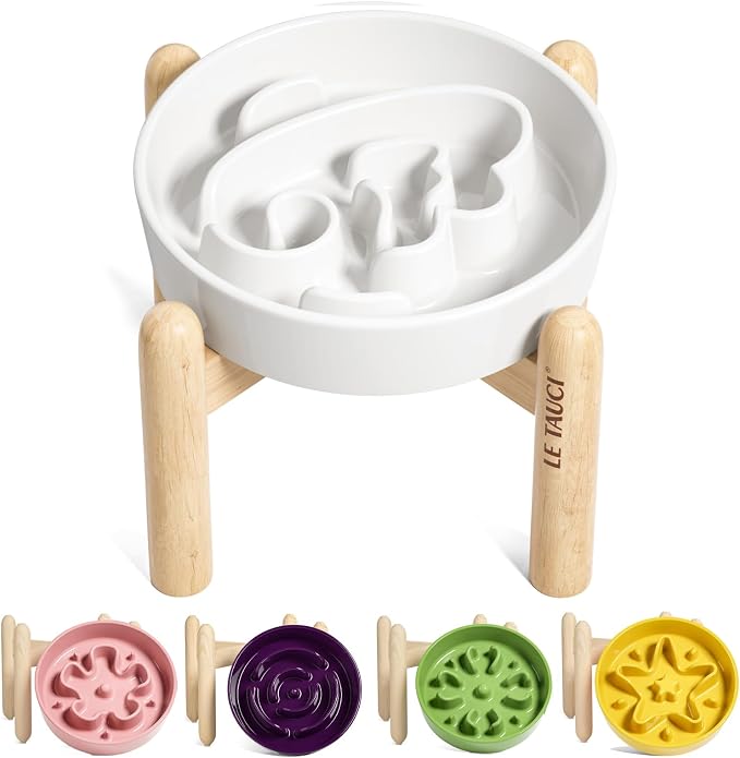 LE TAUCI Ceramic Slow Feeder Dog Bowls Small Breed, 0.6 Cups Elevated Dog Bowl for Fast Eaters, Puzzle Bowl for Small Dogs and Cats,Angle White by LETAUCI