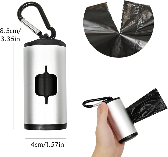 YUCHIYA Aluminum Dog Poop Bags Holder with Carabiner Metal Pet Waste Bags Dispenser with Hook and Loop Fastener and Elastic Cord to Carry Used Bags (Silver, 1 Holder 15 Bags) - Image 4