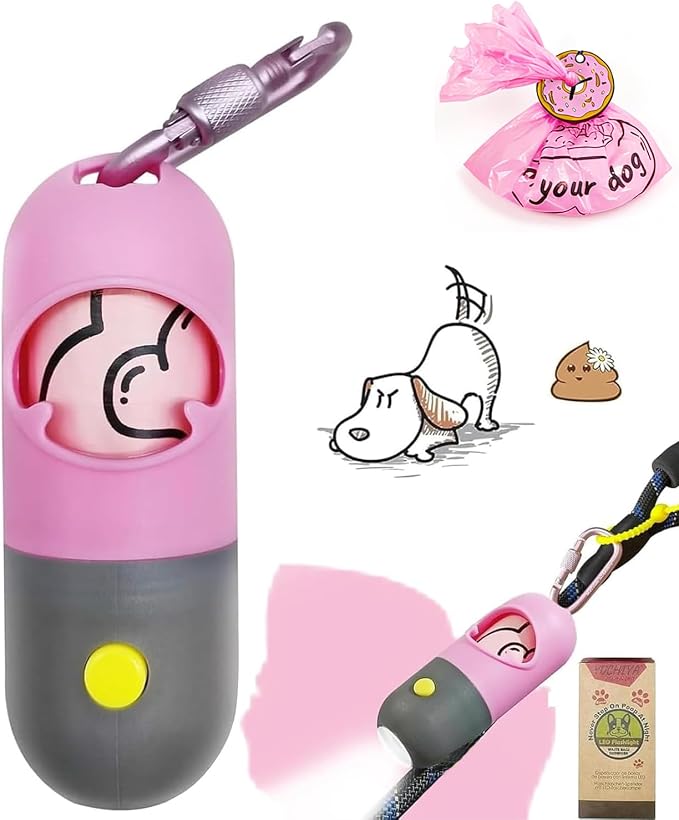 YUCHIYA Dog Poop Bag Holder Dispenser with LED Flashlight(Pink) | 100ft Ultra-Bright LED|Glow-in-the-Dark Avacado Clip|Metal Carabiner&Silicone Tether|15 Leak-Proof Scented Waste Bags by YUCHIYA