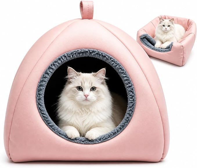 Cat Caves for Indoor Cats, Pink Cat Cave House for Kittens and Small Dogs | 2 in 1 Design, Removable Washable Cushioned Pillow, Foldable Kitten Hideaway, All Year Around Available by GIBTOOL