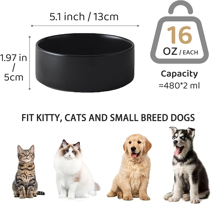 Ceramic Set of 2 Dog and Cat Bowls - Classic Food & Water Bowl for Kitty, Cats and Toy Breed Dogs, Weighted Dog Dishes, Food Grade Pet Bowl, Dishwasher & Microwave Safe (5.1'', 2*16OZ, Black) - Image 3