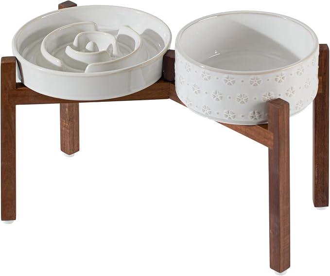 Havniva Raised Slow Feeder Dog Bowls, Elevated Dog Bowls Slow Feeder Set | 3.2 Cups Ceramic Dog Bowl Elevated with Acacia Wood Stand, Raised Dog Food Bowl, Puzzle Slow Feeder for Large Dogs, Non-Slip by Havniva