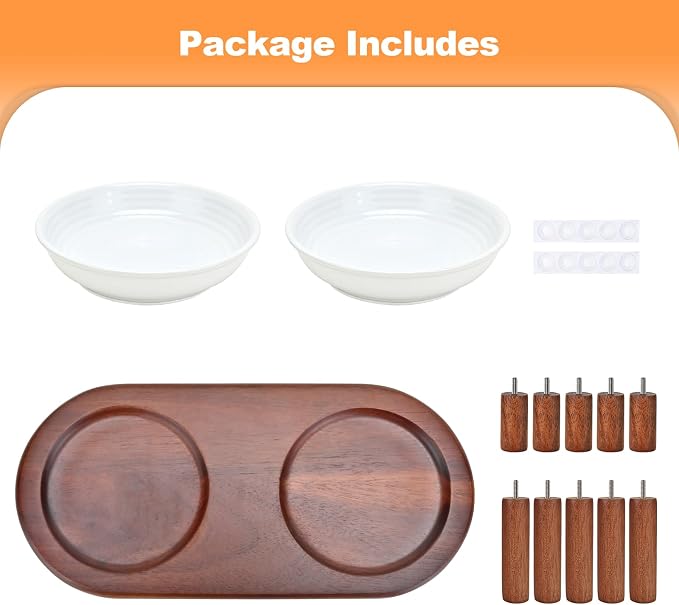 SPUNKYJUNKY Shallow Elevated Cat Bowl with Acacia Wood Stand Wide Raised Ceramic Cat Dishes Whisker Friendly Pet Food and Water Plates (Striped Pattern, White) - Image 7