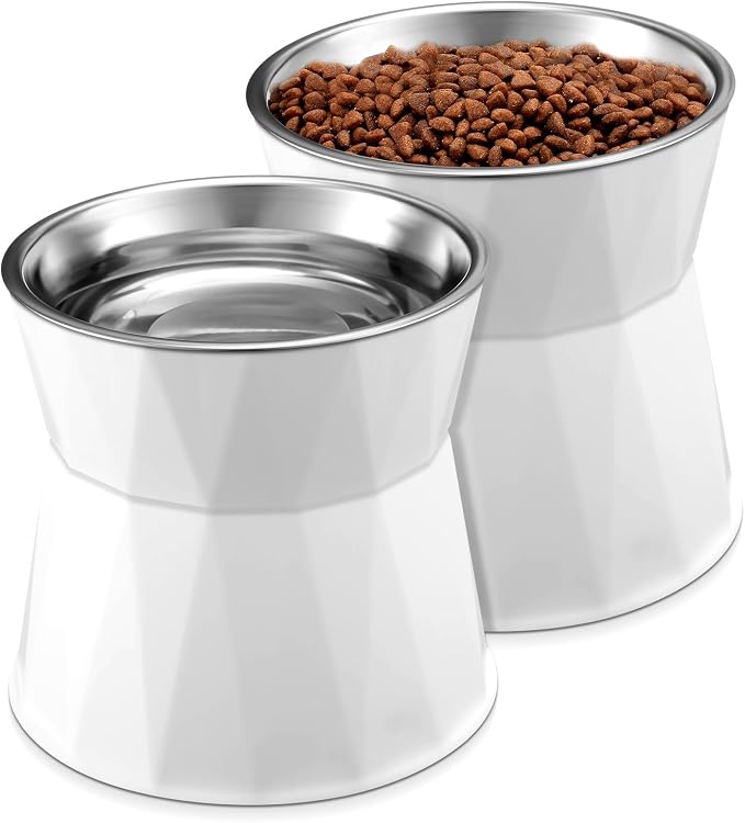 Lallisa 2 Pcs Elevated Cat Bowls Adjustable Raised Cat Feeder Non Slip Food Water with Stand Safe Stainless Steel Bowls with Pet Food Stand for Pets Feeding Eating(White) by Lallisa
