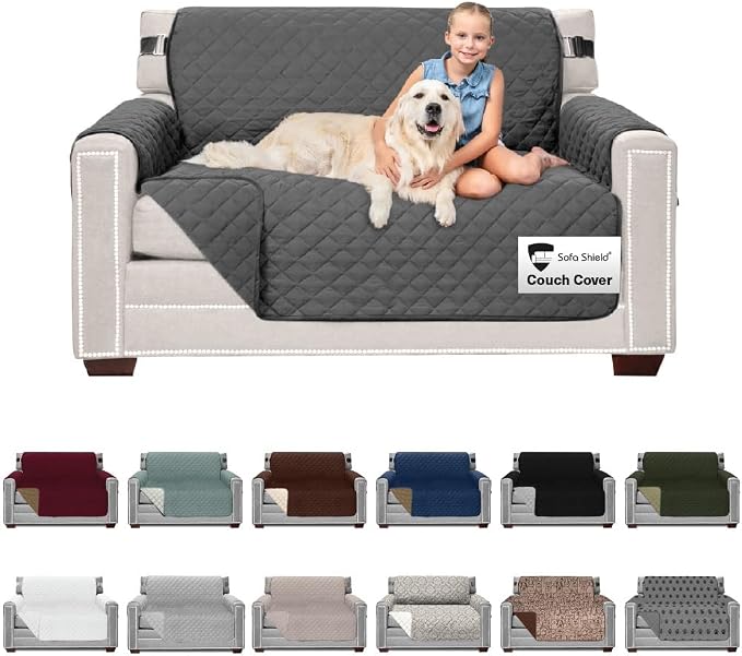 Sofa Shield® Couch Loveseat Slip Cover for Dogs with Strap, Charcoal | Reversible Furniture Protector, Stain and Tear Resistant Cushion Cover, Machine Washable Slipcover for Pets, Cats 70 inch by SofaShield