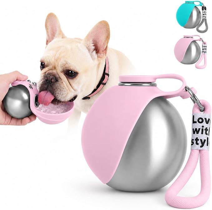Portable Pet Dog Water Bottle with Silicone Collapsible Bowl, 10 oz Pink | Stainless Steel Pet Travel Dispenser with Rope | Dogs on Walks Hiking Accessories | Puppy Small Pets Essentials by Unknown
