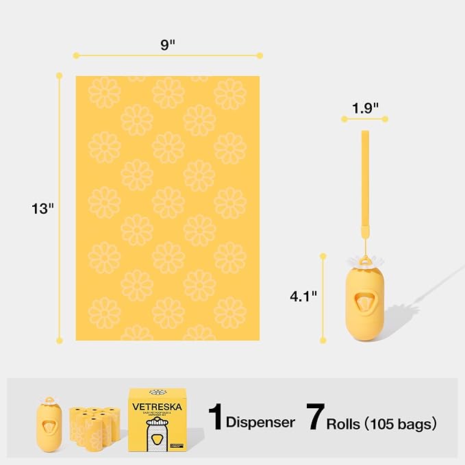 VETRESKA Dog Poop Bag Dispenser with Daisy Scented Waste Bags, 105 Counts | Leak Proof and Extra Thick Pet Waste Bags for Dog Walking and Cat Litter - Image 5
