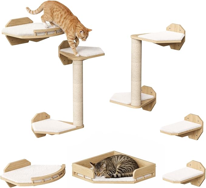 HOOBRO 11 Pcs Cat Wall Shelves for Large Cats up to 25 lb, Wooden Wall-Mounted Cat Shelves Set, Corner Cat Shelf with 2 Arched Platforms, Climbing System with Perche, Scratching Post, Natural NL49CS03 - Image 8