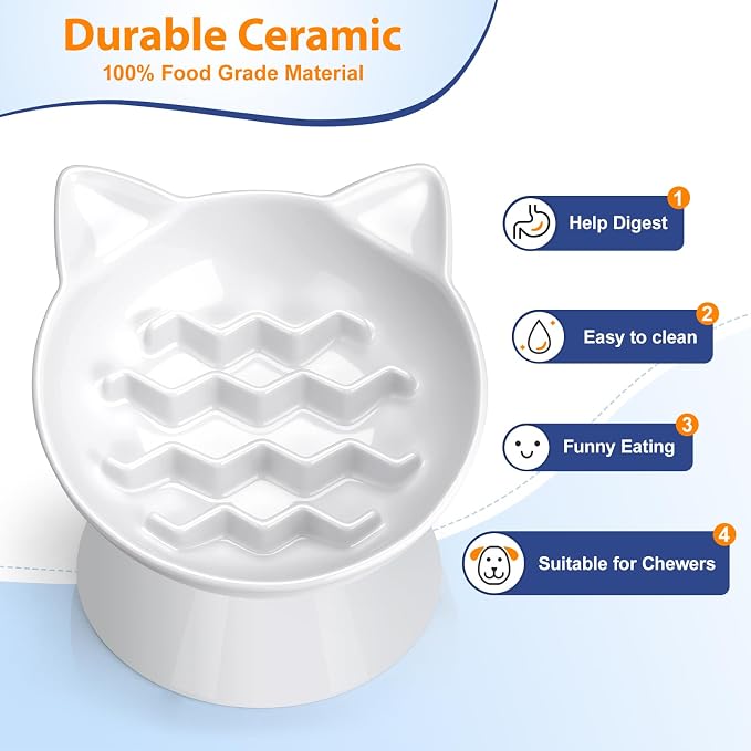 Ceramic Slow Feeder Cat Bowl, 2 Cups Tilted Elevated Honeycomb Food Dish | Premium Ceramic Material, Suitable For Dry And Wet Food, Honeycomb Structure Reduces Vomiting & Bloating For Cats - Image 3
