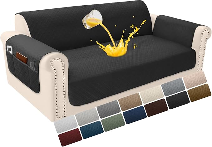 Velvet 100% Waterproof Loveseat Covers Washable Love Seat Couch Covers for 2 Cushion Couch Sofa Pet Friendly Sofa Slipcovers Dogs Furniture Protector with Pockets (Medium-XL, Black) by YUEVELLASofaCover