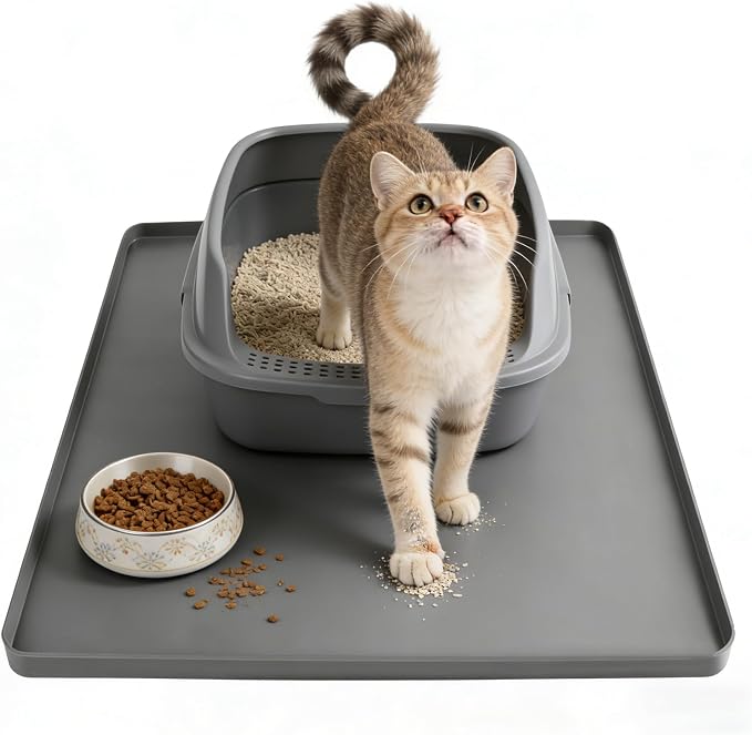 Silicone Cat Litter Mat 24x20 in Waterproof Litter Box Mat Leak-Proof Thick Under Kitty Litter Box Feeding Tray with Raised Edges for Floor Carpet, Grey by LWFCOEE
