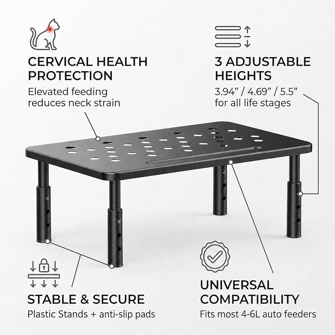 Raised Automatic Cat Feeder Stand for Double Bowl Feeders, Carbon Steel 14.57 x 9.25 in, 3 Adjustable Heights 3.94-5.5 in, Non-Slip, Fits Feeders & Water Dispensers, No-Drill (Black) - Image 3