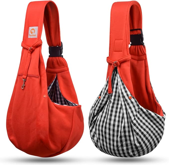 Tomkas Small Dog Cat Sling Carrier Puppy Purse Travel Wrap Soft Crossbody Pet Bag (Red, M - Zip Pocket & Adjust Strap) - Image 6