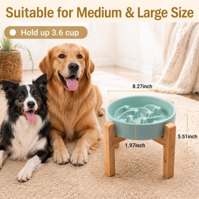 Elevated Ceramic Slow Feeder Dog Bowls Anti-Choking Slow Feeding for Medium& Large Anti-Slip Non-Lead & Toxic Durable Easy to Clean Maze Slow Feeder Bowl（8.66in Mint Blue Stars Pattern） - Image 3