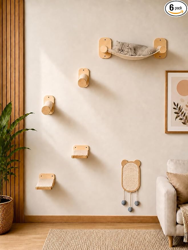 Cat Wall Shelves 6-in-1 Wall Mounted Cat Furniture with Perch & Hammock, Wooden Climbing Shelves with Scratching Post Pad, Space-Saving Climbing Tower for Indoor Cats by Unknown