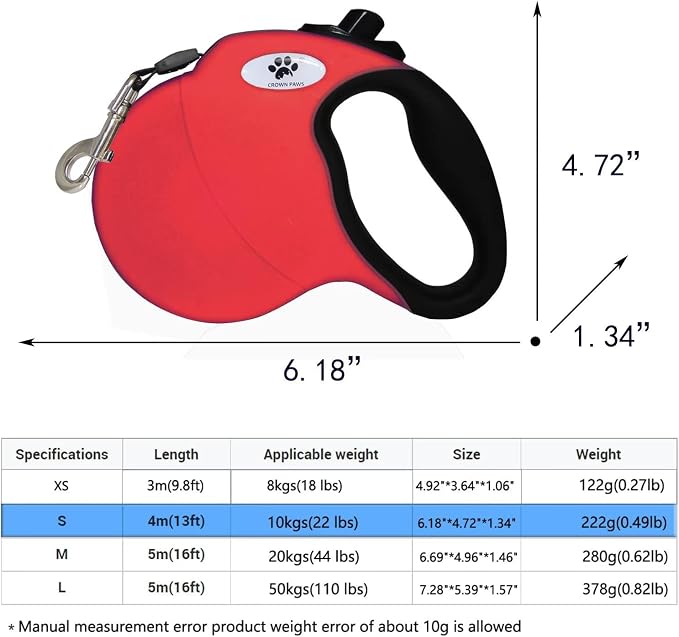 13ft Retractable Dog Leash for Small Breed Dogs up to 22 lbs with a Detachable Chew Proof Extender Wire Ropes (RED S) - Image 2
