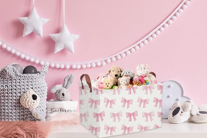 Sanjiaofeng Rectangular Kids Basket Pink Storage Bins,Girls Storage Baskets with Handles.Clothers,Toys,Books,Kid's Gifts Storage. (Pink Bowknot) - Image 4