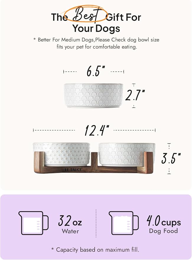 LE TAUCI Dog Bowls Ceramic for Small Medium Dogs - 4-Cup Dual Food & Water Bowl Set with Acacia Wood Stand, Non-Slip Anti-Tip Elevated Design - Image 3