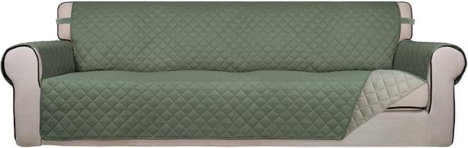 PureFit Reversible Quilted Couch Covers for Dogs Sofa Cover 4 Seater 88" | Greyish Green/Beige, Water Resistant Couch Protector, Washable Pet Couch Cover with Non Slip and Elastic Straps For Kids by PureFit