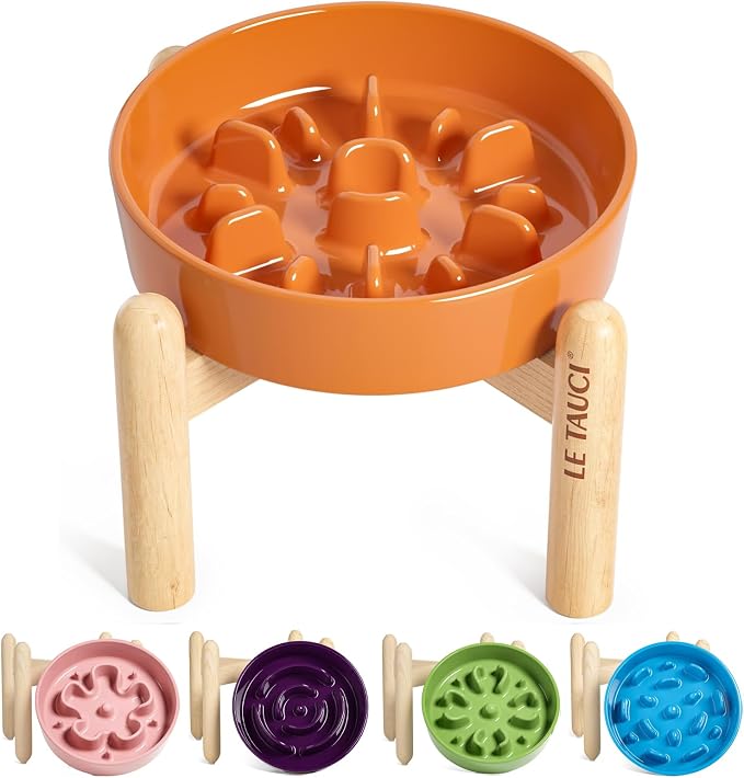 LE TAUCI Ceramic Slow Feed Dog Bowls, Elevated, Anti-Gulping, Non-Slip, 6 inch, Orange by LETAUCI