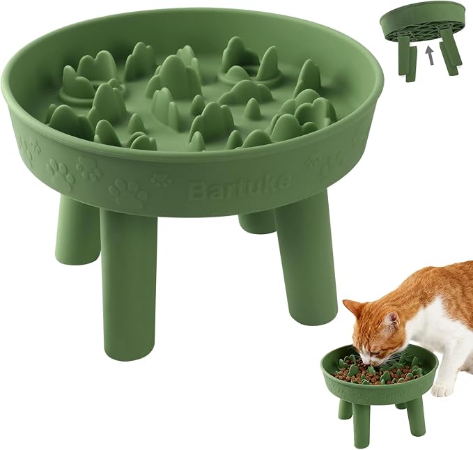 Silicone Slow Feeder Cat Bowl with Detachable Stand, Green | Elevated Cat Bowls for Dry and Wet Food, Non-Slip Puzzle Food Bowl for Puppies & Cats, Digestion Anti Vomit by Bartuke