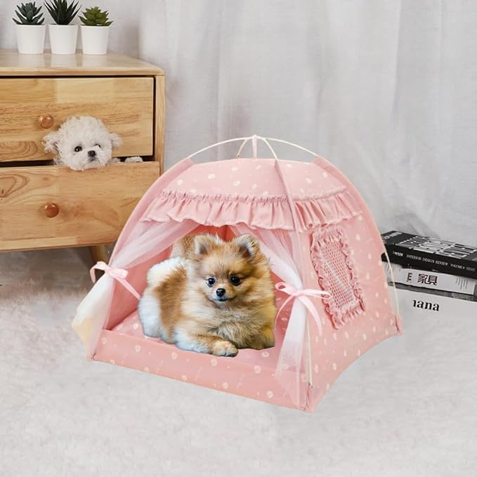 Selena Cat Bed Tents Dog House Indoor Outdoor Lace Mesh Breathable Windows Door Curtains Removable Portable Nest Teepe House (Large,Pink(Ruffled Teim)) - Image 4