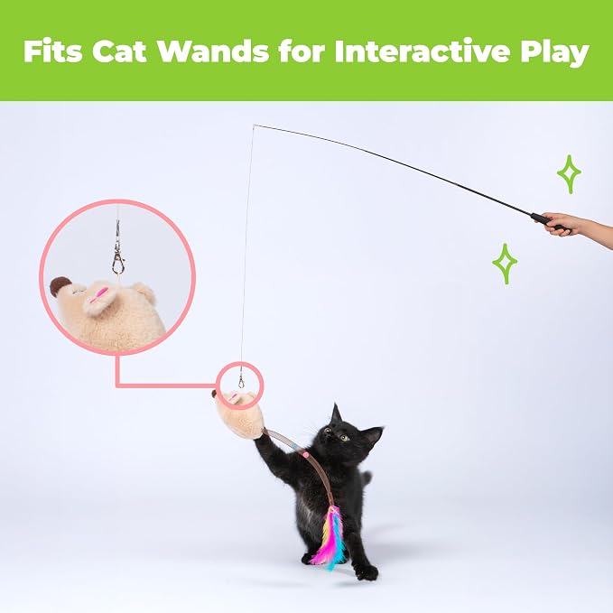 Catify Interactive Cat Toy - Squeaking Mice Set, Beige & Gray | Catnip Infused, Tap to Activate Squeaks, Soft, For Indoor Kittens & Cats, Independent Play, Attaches to Wand, Pack of 2 - Image 8