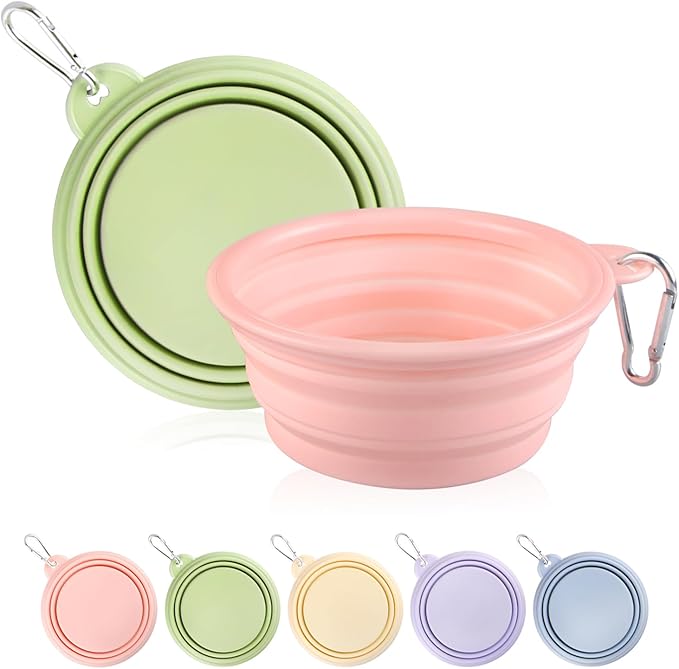 Collapsible Dog Bowls 2-Pack, Portable Travel Dog Bowl with Carabiner, Food-Grade Silicone Pet Bowl for Hiking, Walking (Macaron Pink and Green) by TECOPH