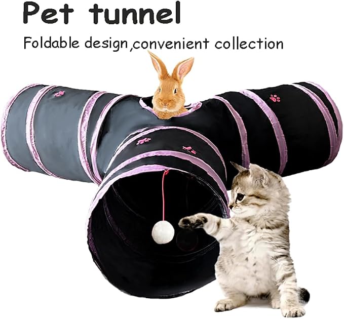 3-Way Collapsible Cat Tunnel Tube Toy Black Pink Paws | Interactive Play Tunnel by Hanging Ball & Peek Hole for Indoor Cats, Kittens, Puppies, Rabbits, Hours of Fun & Exercise - Image 3