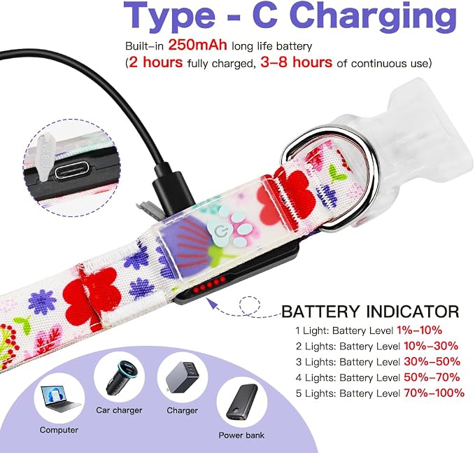 Light Up Dog Collar, USB Rechargeable, Floral Rose Print (L) | USB Rechargeable LED Dog Collar with Bright Light, Adjustable Fit, Floral Daisy Rose Design for Safe Night Walks - Image 3