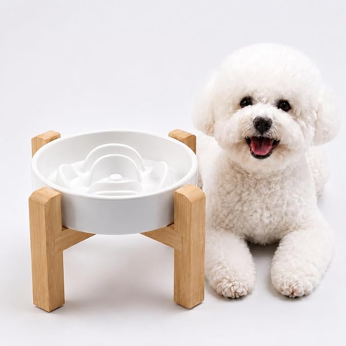 Elevated Ceramic Slow Feeder Dog Bowls Anti-Choking Slow Feeding for Small&Medium Size Anti-Slip Non-Lead & Toxic Durable Easy to Clean Maze Slow Feeder Bowl（8.26in White Flower Pattern） by addggo