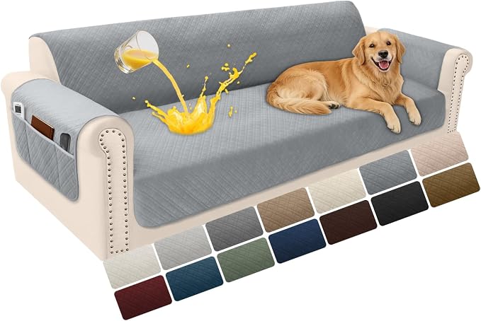 Velvet 100% Waterproof Couch Cover for Dogs Washable Sofa Covers for 3 Cushion Couch Pet Friendly Extra Large Sofa Slipcover Non Slip Furniture Protector with Pockets (X-Large, Silvery Grey) by YUEVELLASofaCover