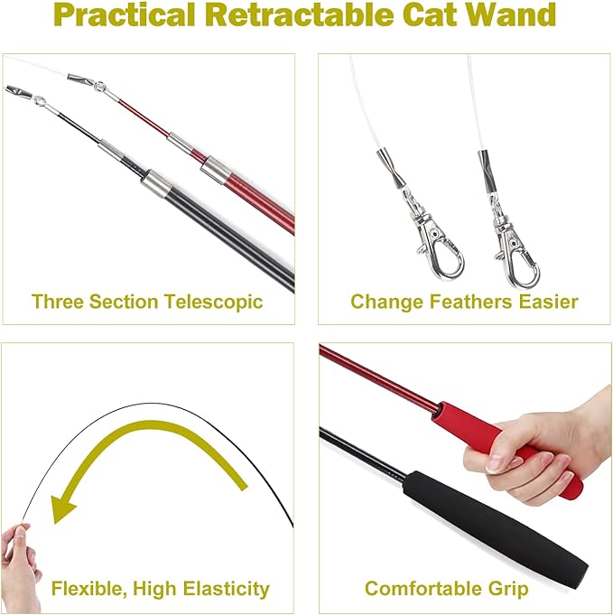MeoHui Cat Toys for Indoor Cats, Interactive Cat Toy 2PCS Retractable Wand Toy and 9PCS Cat Feather Toys Refills, Funny Kitten Toys Cat Fishing Pole Toy for Bored Indoor Cats Chase and Exercise - Image 4