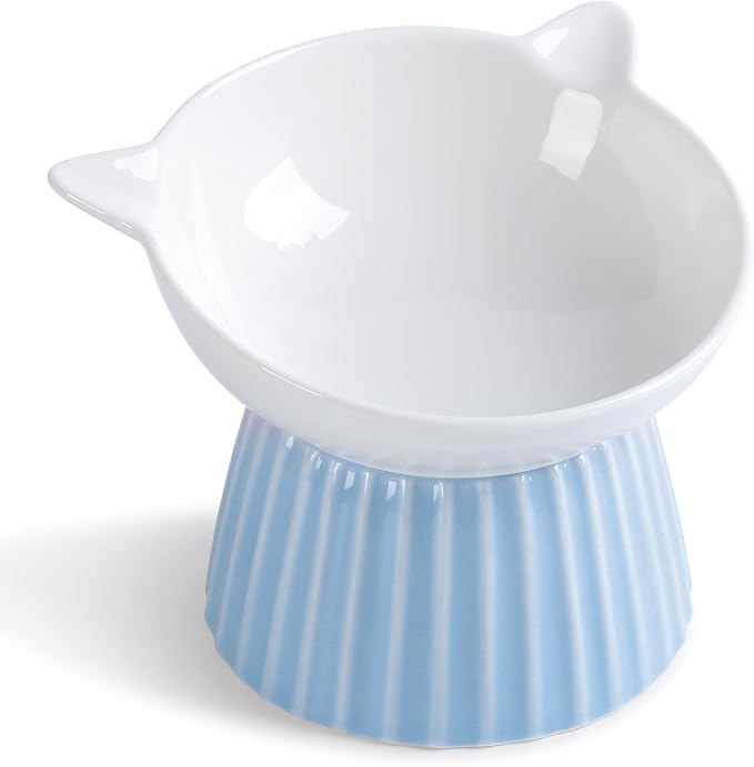 Ceramic Raised Cat Bowl，Tilted Raised Cat Bowl Anti Vomit Cat Bowls for Indoor Cats Whisker Friendly Pet Feeder for Cats Puppies, Microwave and Dishwasher Safe, Blue by Wellbro